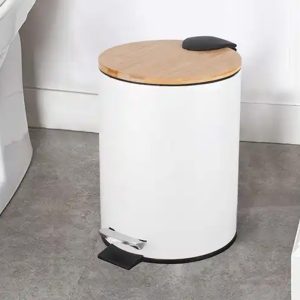 Κάδος μπάνιου μεταλλικός 5 λίτρα Φ20,5Χ26 εκ. λευκός με ξύλινο καπάκι μπαμπού - KESKOR 60970