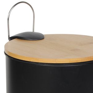 Κάδος μπάνιου μεταλλικός 5 λίτρα Φ20,5Χ26 εκ. μαύρος με ξύλινο καπάκι μπαμπού - KESKOR 60970-2