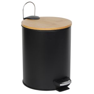 Κάδος μπάνιου μεταλλικός 5 λίτρα Φ20,5Χ26 εκ. μαύρος με ξύλινο καπάκι μπαμπού - KESKOR 60970-2